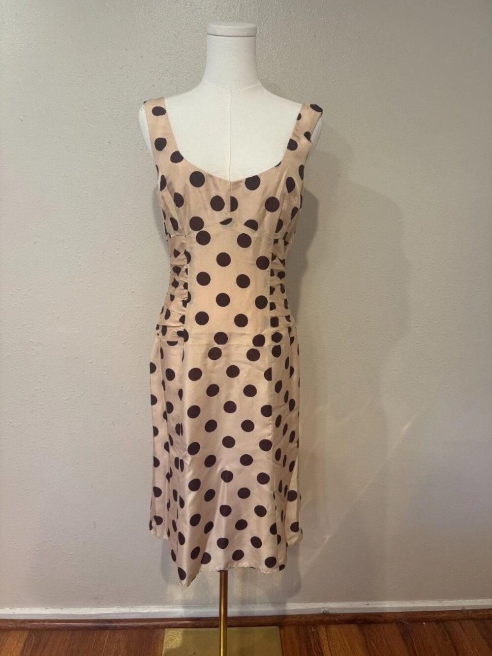 VINTAGE Y2K Nanette Lepore Beige and Brown Polka Dot Midi Dress 100% Silk